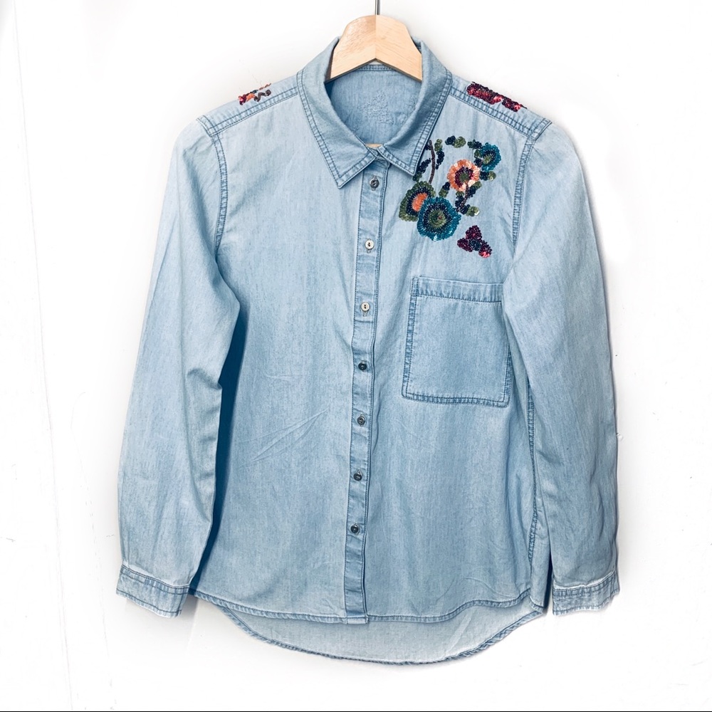 Zara floral sequence blue long sleeve shirt